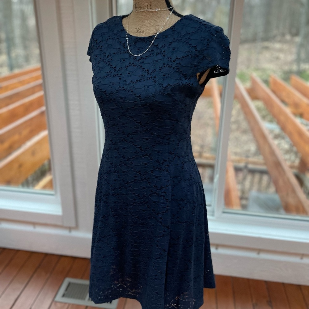 Alfani Navy Lace A-Line Dress with Cap Sleeves Size 6P